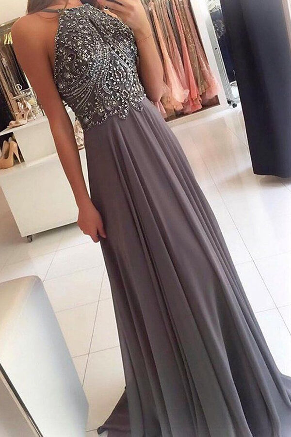 Cheap Gray Chiffon Backless Sleeveless Long Evening Prom Dress With Beading  – Promnova