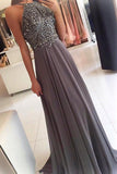 Cheap Gray Chiffon Backless Sleeveless Long Evening Prom Dress With Beading PL353 | prom dresses | evening dresses | formal dresses | party dresses | long prom dresses | cheap prom dresses | Promnova