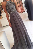 Cheap Gray Chiffon Backless Sleeveless Long Evening Prom Dress With Beading PL353