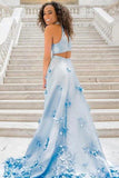 Two Piece Light Sky Blue Sleeveless Round Neck Flowers Appliques Prom Dress |promnova.com