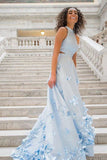 Two Piece Light Sky Blue Sleeveless Round Neck Flowers Appliques Prom Dress PL382