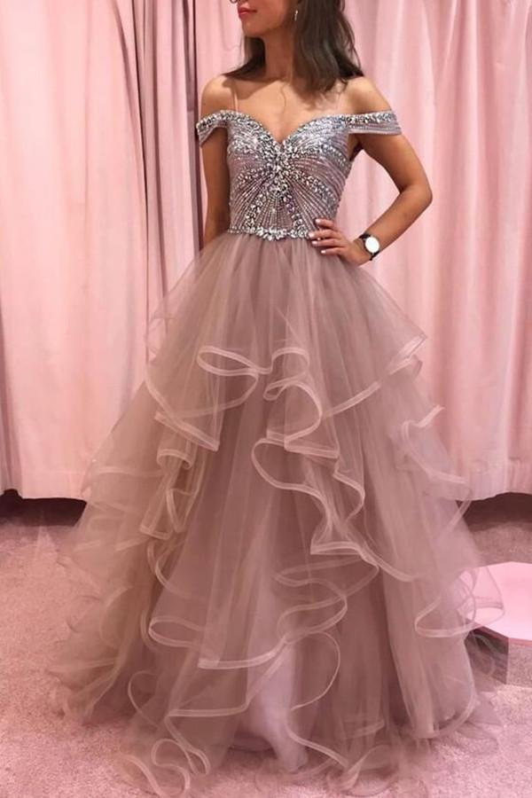 Pink Tulle Rhinestones Bodice Multi Layered Bottom Classic Rose Prom Dresses US2 / Custom Color Pink Tulle Rhinestones Bodice Multi Layered Bottom Classic Rose Prom Dresses US2 / Custom Color