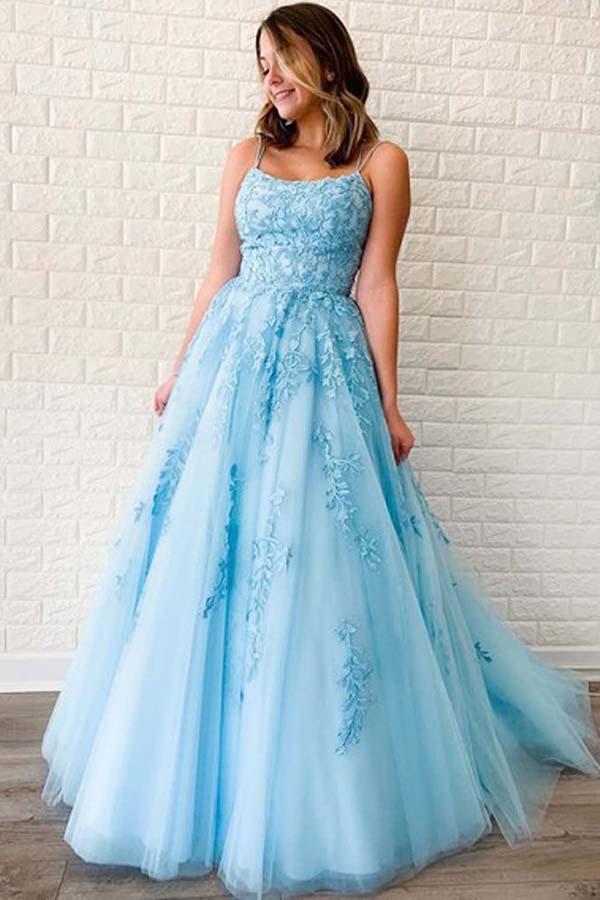 Blue A-line Spaghetti Tulle Straps Lace Prom Party Dresses PL390 | Promnova US18W / Custom Color Blue A-line Spaghetti Tulle Straps Lace Prom Party Dresses PL390 | Promnova US18W / Custom Color