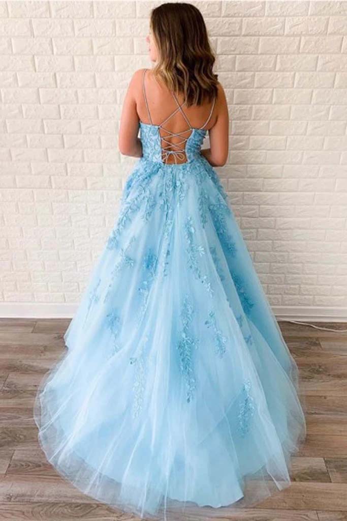 Blue A-line Spaghetti Tulle Straps Lace Prom Party Dresses PL390 Blue A-line Spaghetti Tulle Straps Lace Prom Party Dresses PL390