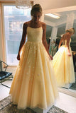 Blue A-line Spaghetti Straps Tulle Lace Prom Dresses Party Dresses PL390