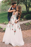 Gorgeous Ivory Lace A-line V-neck Floral Printed Long Prom Dresses PL391 - Promnova.com