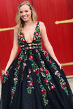 Gorgeous Black Lace A-line V-neck Floral Printed Long Prom Dresses PL391 - Promnova.com