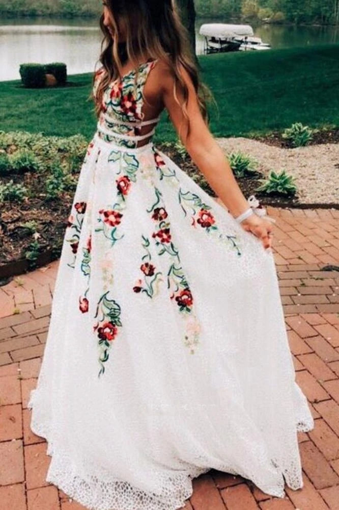 Find Gorgeous Ivory Lace A-line V-neck Floral Printed Long Prom Dresses PL391 at www.promnova.com