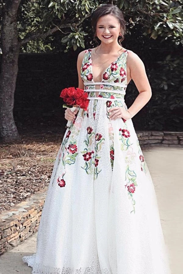 Gorgeous Ivory Lace A-line V-neck Floral Printed Long Prom Dresses PL391 US4 / Black Gorgeous Ivory Lace A-line V-neck Floral Printed Long Prom Dresses PL391 US4 / Black