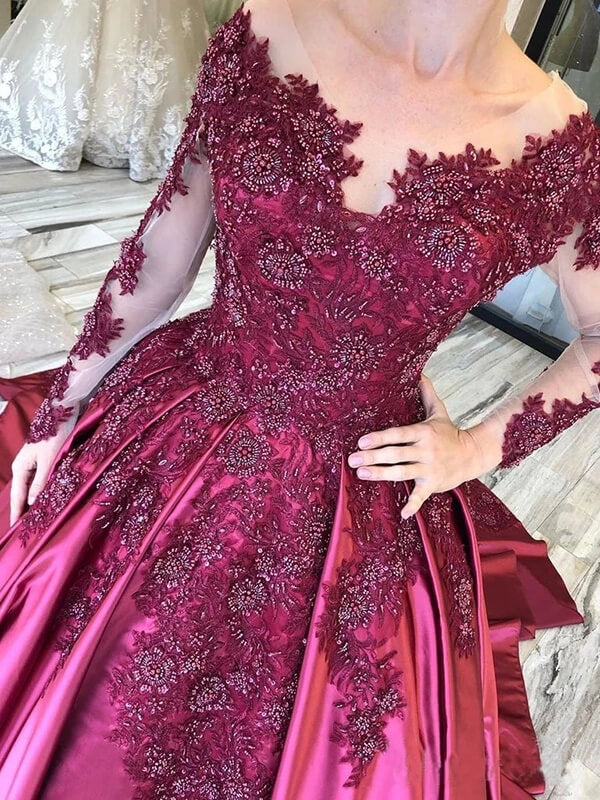 Burgundy Long Sleeves Floral Embroidery Prom Dresses With Court Train PL392 | Promnova US8 / Custom Color Burgundy Long Sleeves Floral Embroidery Prom Dresses With Court Train PL392 | Promnova US8 / Custom Color