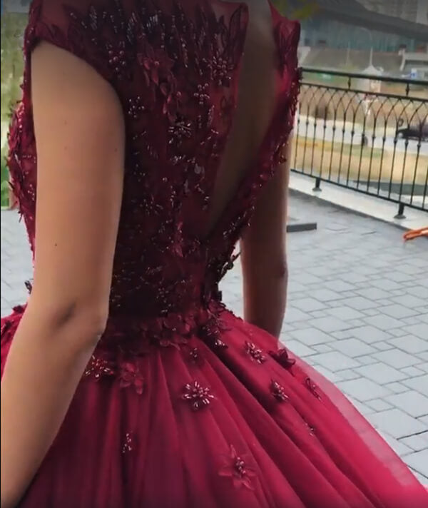 Tulle Burgundy Ball Gown Scoop Beaded Long Prom Dress PL394 | Promnova US6 / As Picture Tulle Burgundy Ball Gown Scoop Beaded Long Prom Dress PL394 | Promnova US6 / As Picture