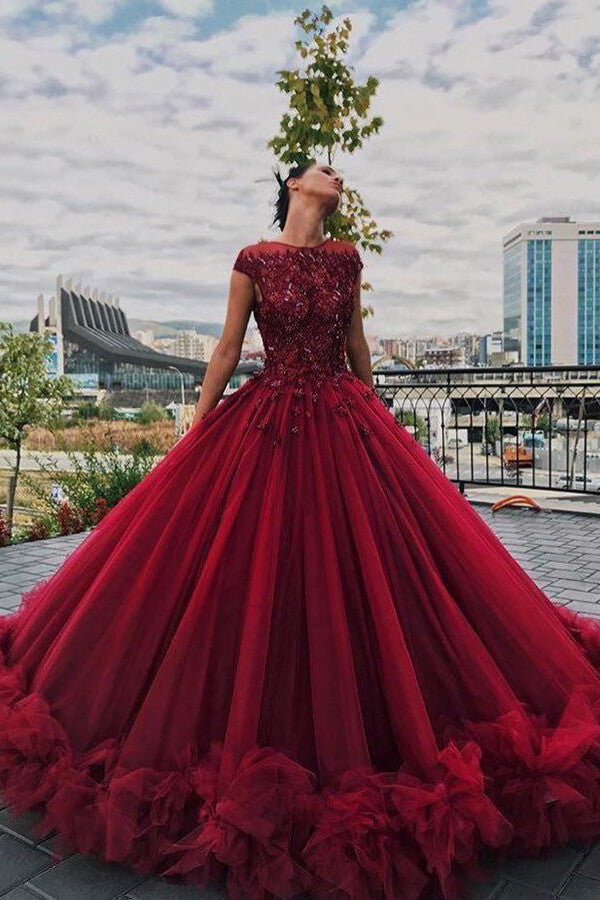 Luxury Tulle Burgundy Ball Gown Scoop Beaded Long Prom Dresses PL394 | prom dresses | party dresses | ball gown prom dresses | prom dresses online | Burgundy prom dresses | prom dresses stores | sexy prom dresses | long prom dresses | cheap prom dresses | prom dresses 2020 | plus size prom dresses | prom dresses near me | Promnova