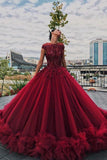 Luxury Tulle Burgundy Ball Gown Scoop Beaded Long Prom Dresses PL394