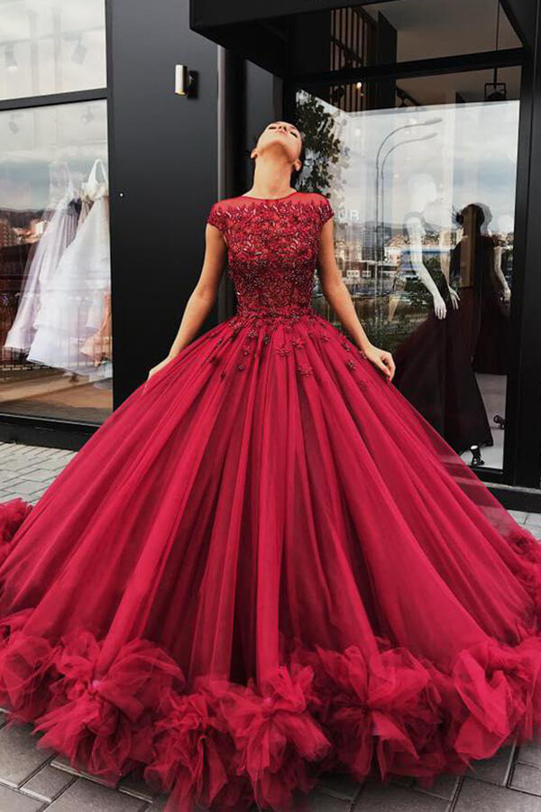 Tulle Burgundy Ball Gown Scoop Beaded Long Prom Dress PL394 | Promnova US6 / As Picture Tulle Burgundy Ball Gown Scoop Beaded Long Prom Dress PL394 | Promnova US6 / As Picture