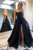 Sparkly Tulle Black Sequins Two Piece Scoop Detachable Prom Dresses PL396