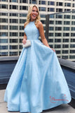 Light Blue Satin Round Neck Ball Gown Prom Dresses with Pearls Beading PL397