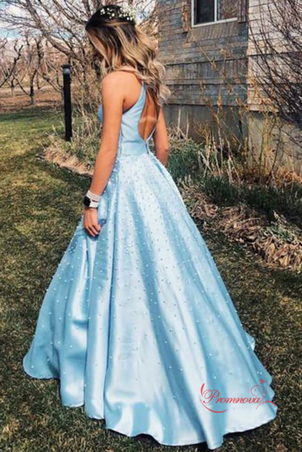 Light Blue Satin Round Neck Ball Gown Prom Dresses PL397 | Promnova US6 / Custom Color Light Blue Satin Round Neck Ball Gown Prom Dresses PL397 | Promnova US6 / Custom Color