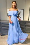 Blue Chiffon A Line Off the Shoulder Long Prom Dresses, Formal Dresses PL398