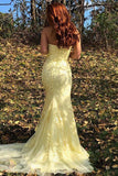 Lace Yellow Mermaid High Slit Long Prom Dresses With Appliques PL400 | Mermaid prom dresses | long prom dresses | lace prom dresses | prom dresses cheap | prom dresses online | evening dresses | formal dresses | party dresses | Tulle prom dresses | Promnova.com