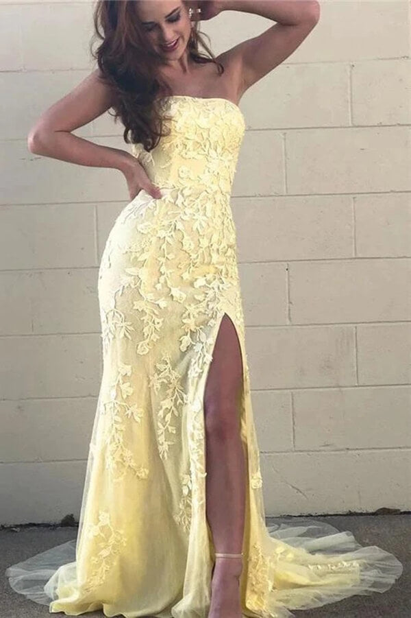 Yellow Mermaid Strapless High Slit Long Prom Dresses With Appliques PL400 | Mermaid prom dresses | long prom dresses | lace prom dresses | prom dresses cheap | prom dresses online | evening dresses | formal dresses | party dresses | Tulle prom dresses | Promnova.com