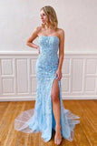 Blue Mermaid Strapless High Slit Long Prom Dresses With Appliques PL400