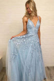 Sky Blue A Line Lace V Neck Floor Length Prom Dresses Formal Dress PL401