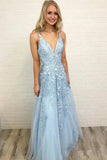 Sky Blue A Line Lace V Neck Floor Length Prom Dresses Formal Dress PL401 | prom dresses | formal dresses | evening dresses | long prom dresses | Promnova.com