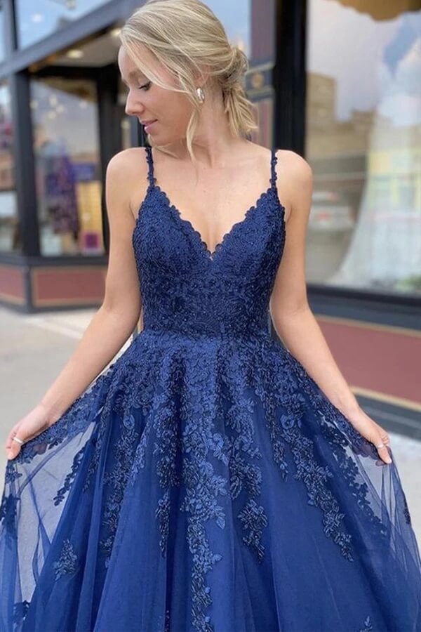 Sky Blue A Line Lace V Neck Floor Length Prom Dress PL401 | Promnova US16W / Navy Blue Sky Blue A Line Lace V Neck Floor Length Prom Dress PL401 | Promnova US16W / Navy Blue
