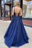 Cheap Navy Blue A Line Lace V Neck Floor Length Prom Dresses Formal Dress PL401 | prom dresses | formal dresses | evening dresses | Promnova.com