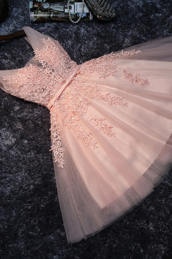 Pink tulle sequin short prom dress pink tulle formal dress