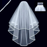 White Two Layers Wedding Veils Ribbon Edge with Comb, PV110