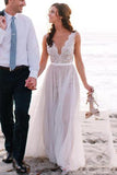 Lace Deep V Neckline Beach Wedding Dresses, Cheap Long Wedding Gowns, PW101