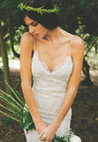 Spaghetti Straps Wedding Dresses, Ivory Lace Backless Tulle Wedding Gown, PW102