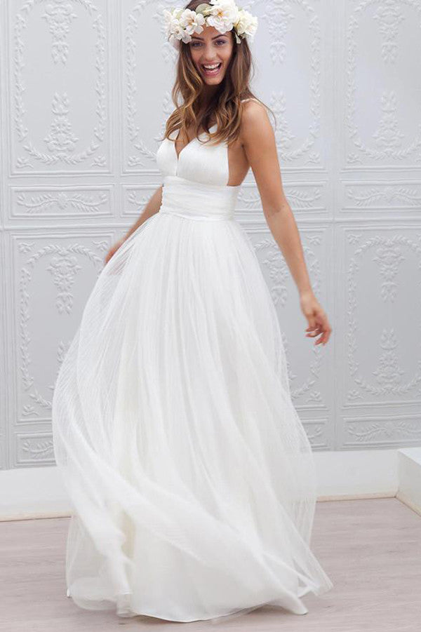 Simple V-neck Wedding Dresses,Floor-Length Wedding Gowns With Ruched Sash, PW103 - Promnova