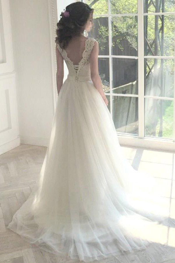White A-Line Bridal Gown, Sleeveless Lace Sweep Train Wedding Dress, PW105