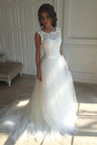 White A-Line Bridal Gown, Sleeveless Lace Sweep Train Wedding Dress, PW105