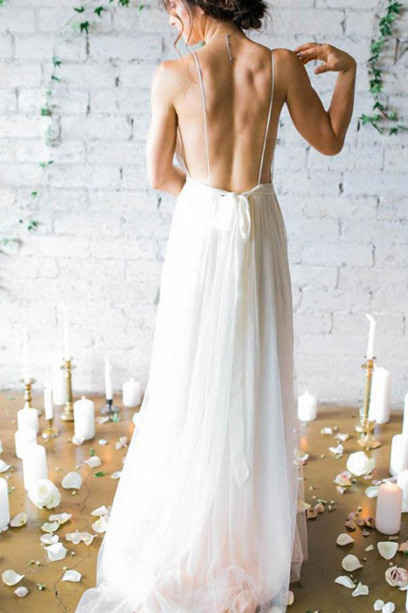 Ivory Deep V-neck Sweep Train Wedding Dresses,Simple Bridal Gown With Straps, PW107
