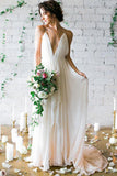 Ivory Deep V-neck Sweep Train Wedding Dresses,Simple Bridal Gown With Straps, PW107