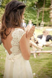 Open Back Wedding Dress With Sash, V-neck Cap Sleeves Sweep Train Bridal Gown, PW108