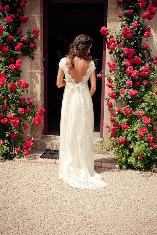 Open Back Wedding Dress With Sash, V-neck Cap Sleeves Sweep Train Bridal Gown, PW108