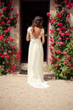 Open Back Wedding Dress With Sash, V-neck Cap Sleeves Sweep Train Bridal Gown, PW108