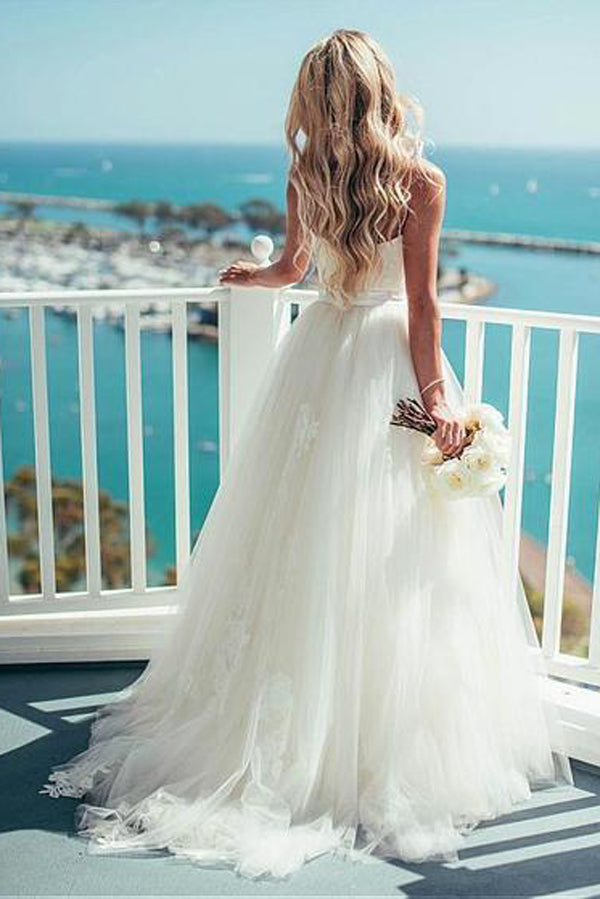 A-line Tulle Spaghetti Straps Ivory Wedding Dresses,Beach Wedding Gowns, PW114