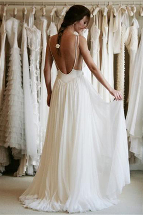 Open Back Sweetheart Spaghetti Beach Wedding Wedding Dress with Appliques, PW115 - Promnova