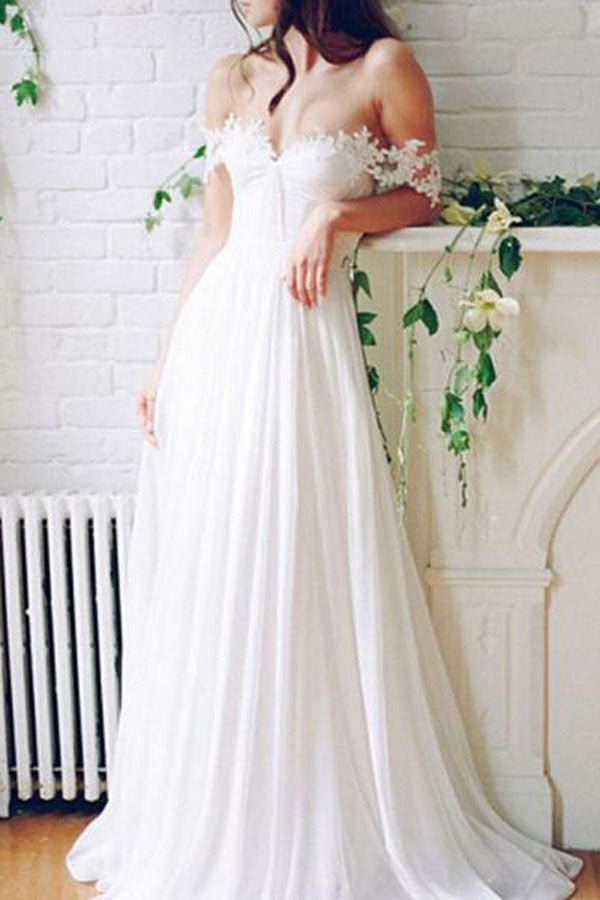 Beach Chiffon A line Floor Length Off-Shoulder Bridal Gown With Pleats, Diamond White / UK 8 Beach Chiffon A line Floor Length Off-Shoulder Bridal Gown With Pleats, Diamond White / UK 8