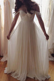 Chiffon White Off shoulder Beach Wedding Dress, Cheap Long prom dresses,PW116