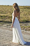 Open Back Chiffon Spaghetti Straps V-neck Beach Wedding Dresses, PW119