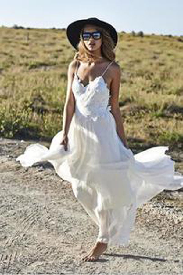 Open Back Chiffon Spaghetti Straps V-neck Beach Wedding Dresses, PW119
