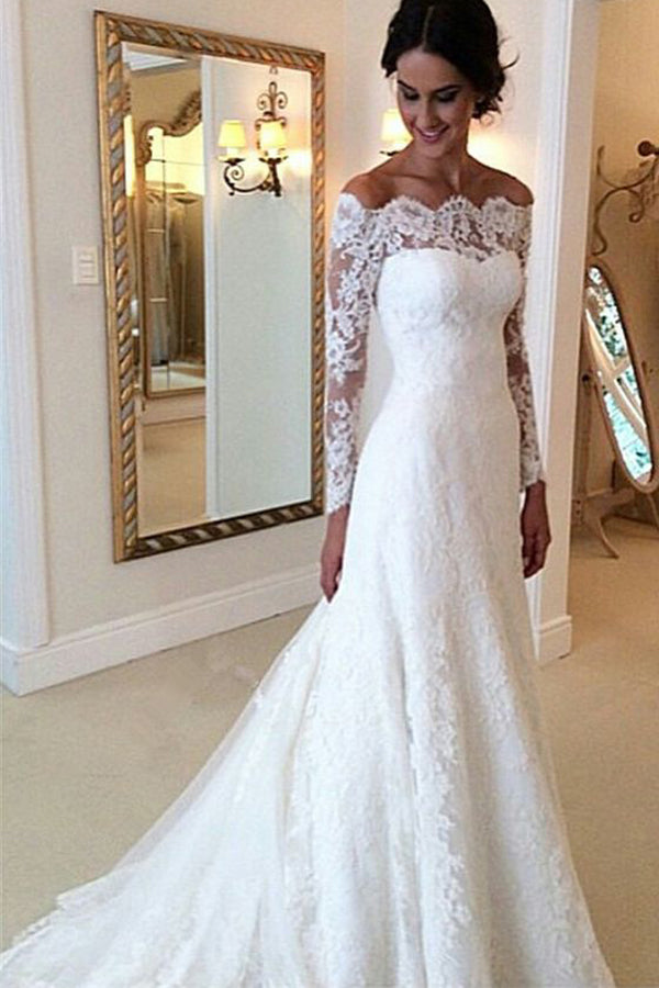 Ivory Vintage Long Sleeves Wedding Dresses,Off Shoulder Bridal Gown US16 / White Ivory Vintage Long Sleeves Wedding Dresses,Off Shoulder Bridal Gown US16 / White