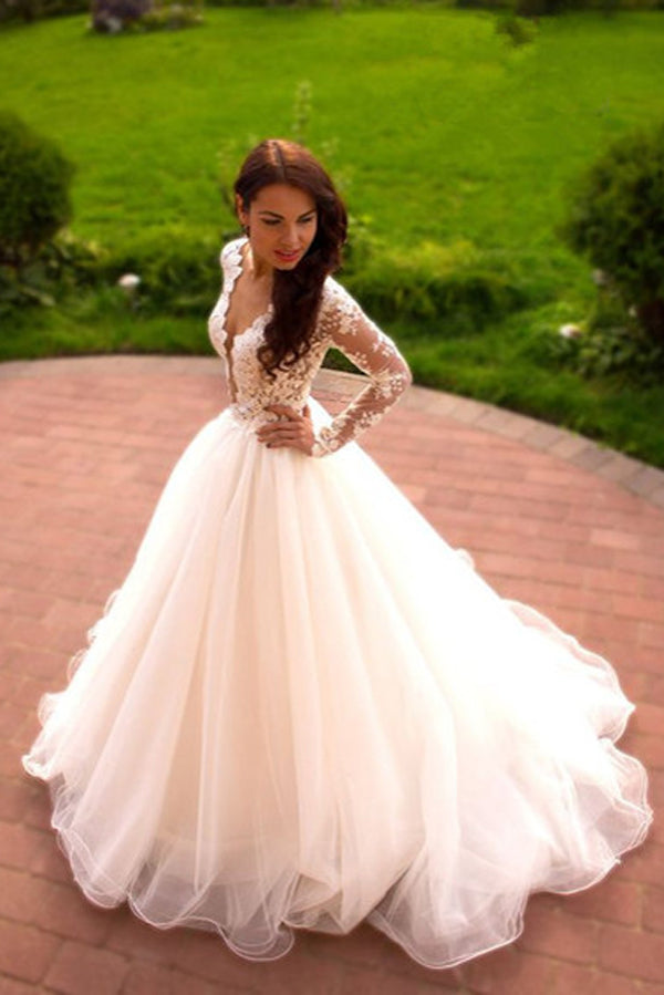 Princess A-Line V-Neck Tulle Ivory Long Sleeves Wedding Dresses US14 / As Picture Princess A-Line V-Neck Tulle Ivory Long Sleeves Wedding Dresses US14 / As Picture