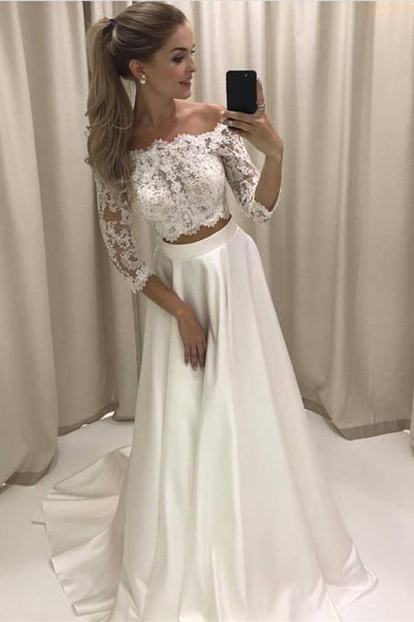 Lace Sleeved Two Piece Wedding Dresses,Boho Style Beach Bridal Gown, PW126